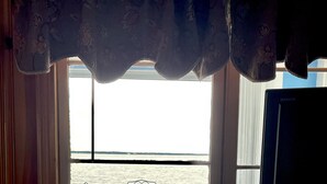 Une pièce avec vue sur la mer, visible par une fenêtre, une table ronde entourée de chaises et une plante en pot.