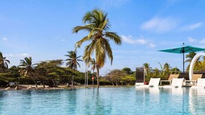 A clear blue pool with lounge chairs and umbrellas, surrounded by palm trees.
