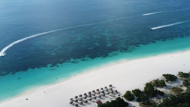 An aerial view of a beach with clear turquoise waters, a sandy shore, and a cluster of round huts.