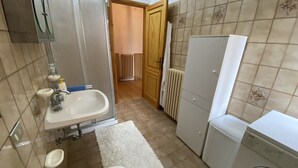 A bathroom with a sink, toilet, shower, and a washing machine.