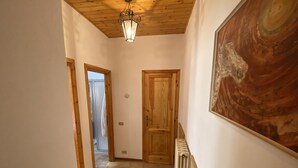 A hallway with wooden doors, a radiator, and a painting on the wall.