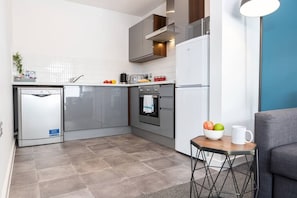 Fridge, microwave, oven, dishwasher