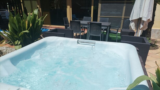Un bain à remous doté d’un panneau de commande, entouré de meubles de jardin et de plantes.