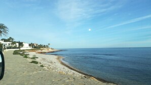 Une plage sous un ciel dégagé et une lune en croissant.