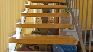 Un escalier en bois avec une rampe, menant à un niveau inférieur.