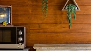 Een keuken met houten lambrisering, een magnetron, een koelkast en drie wandplanken in driehoekige vorm met planten.