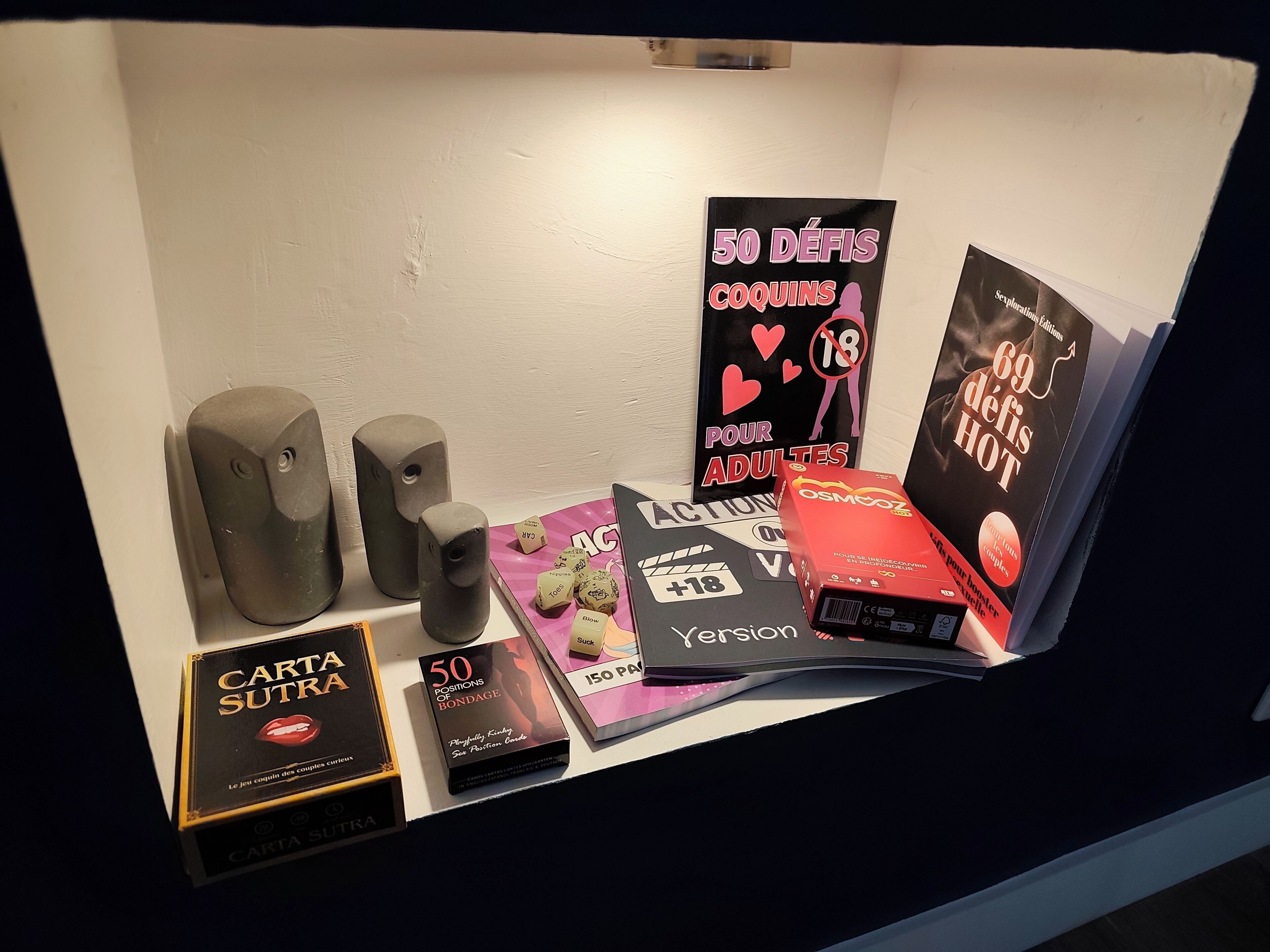 Una exhibición de varios juegos de mesa y libros, incluyendo 'Carta Sutra' y '50 Posiciones de Sumisión'.