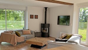 A modern living room with a fireplace, a sofa, a coffee table, and a TV.