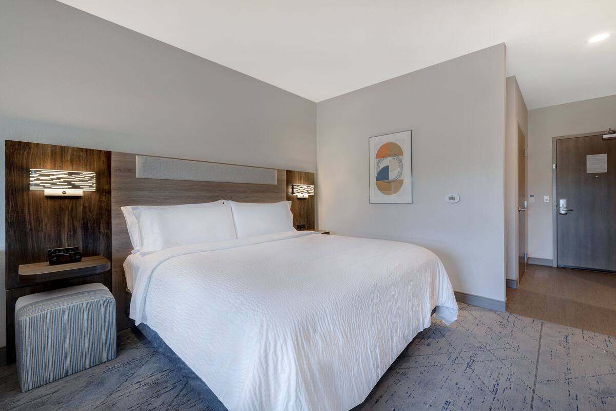 Una habitación de hotel moderna con una cama grande, una mesita de noche con lámpara, una obra de arte en la pared y un panel decorativo de madera.