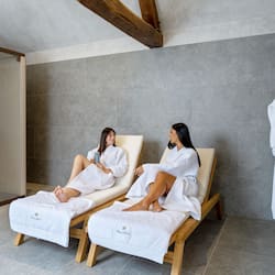 Relax in a serene spa room with two reclining chairs and a glass door leading to a shower area.