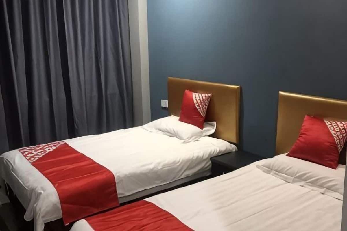 Two single beds with wooden headboards, a grey curtain, and a blue wall.