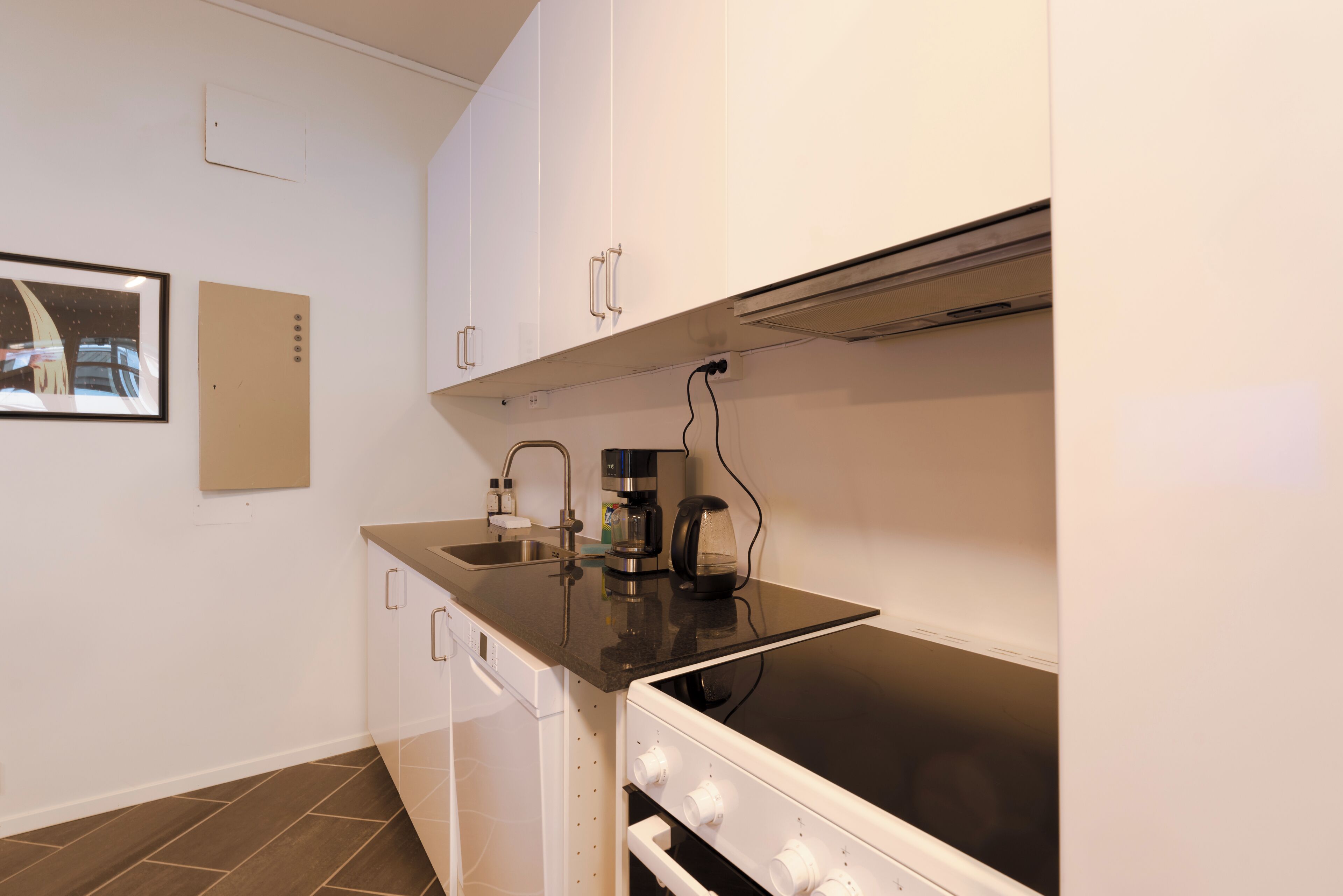 A compact kitchen with a dishwasher, a coffee maker, and a stove.