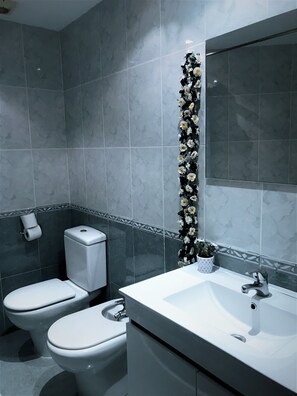 Baignoire, sèche-cheveux, bidet, serviettes fournies