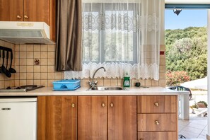 A kitchen with wooden cabinets, a sink, a window with lace curtains, and a view of greenery outside.