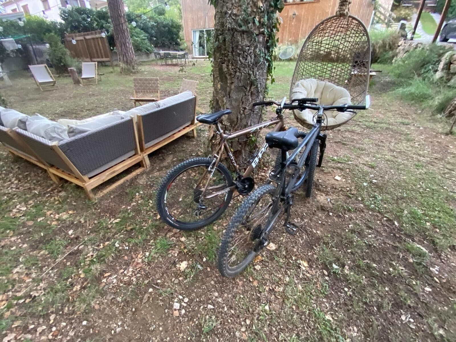 En cykel står parkerad bredvid en träbänk och ett träd på en bakgård.