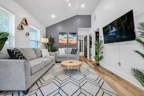 Smart TV, chimenea y libros 