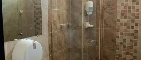 A bathroom with a shower, toilet, and sink.