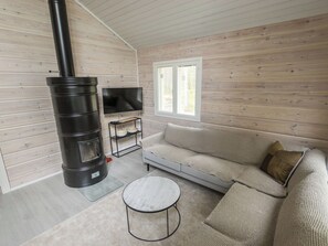 A modern living room with a wood-paneled interior, a large black wood-burning stove, a flat-screen TV, a sofa, and a small round table.
