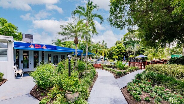 A hotel with a blue awning, a palm tree, and a garden with a pathway.