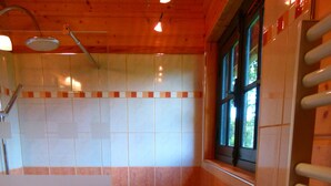 Une salle de bain avec une douche, un lavabo et une fenêtre.