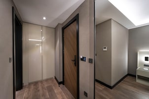 A hallway with a wooden door, a mirror, and a light fixture on the ceiling.