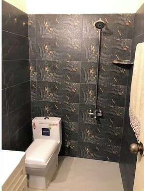 Combined shower/bathtub, towels, soap, toilet paper