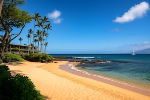 A beach with a building, palm trees, and a sailboat in the distance.