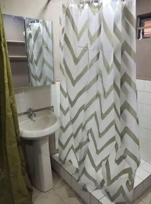 Shower, hair dryer, towels