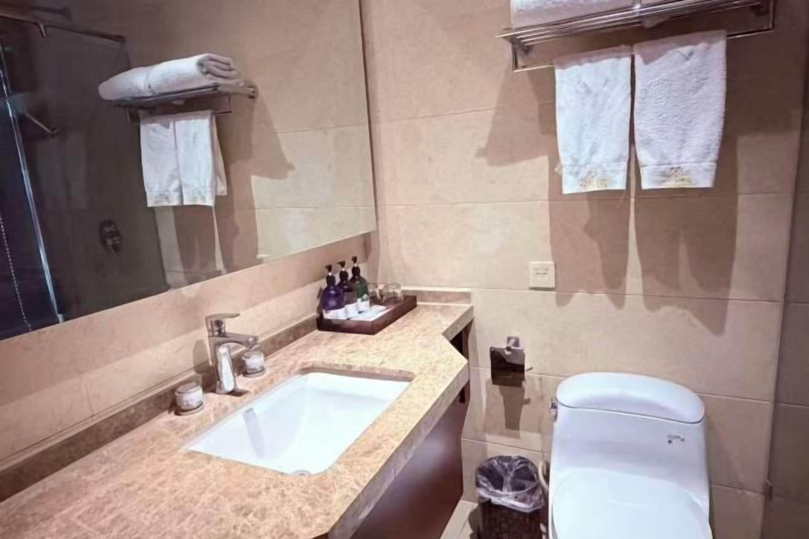 A bathroom with a sink, mirror, and toilet. There are towels hanging on the wall and a trash bin.