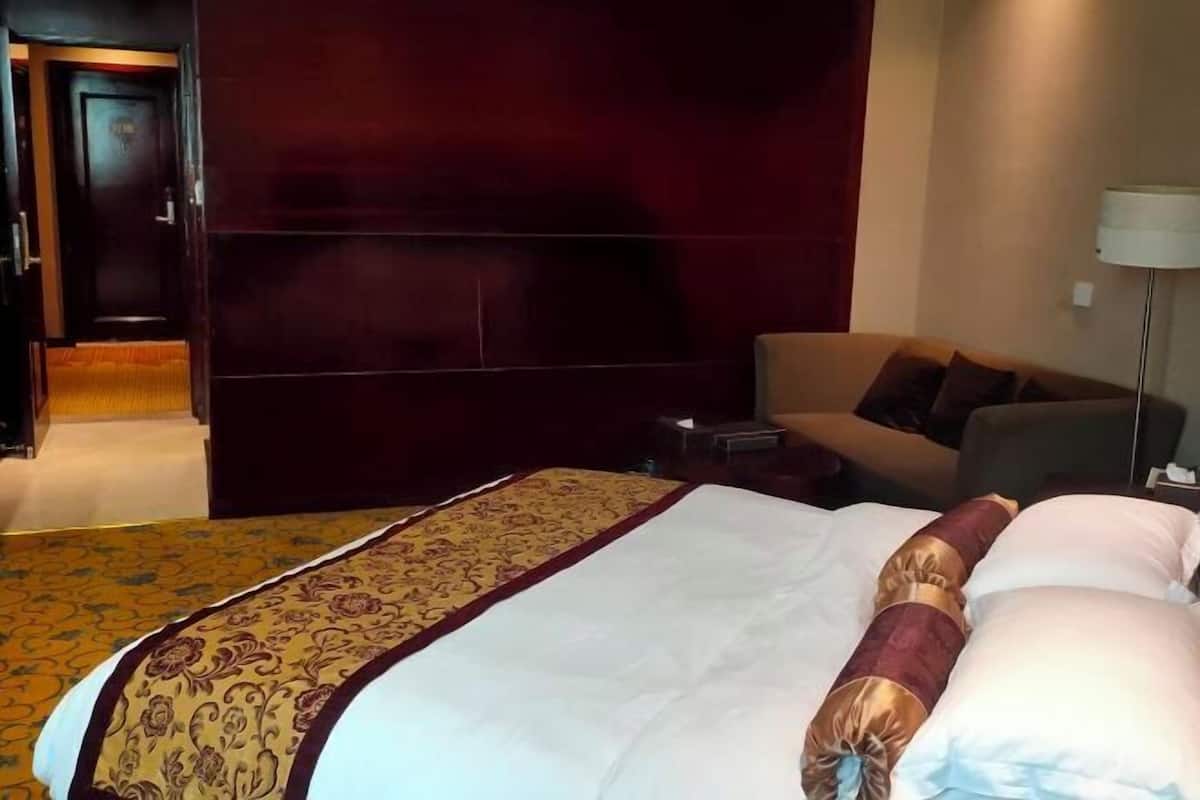 Habitación de hotel con una cama grande, un sofá, un escritorio y una lámpara.