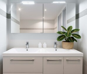 Shower, hair dryer, towels