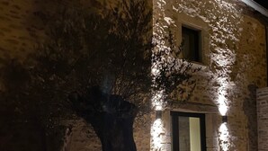 En bygning i sten med et stort træ i en potte, en dør og et lille vindue.