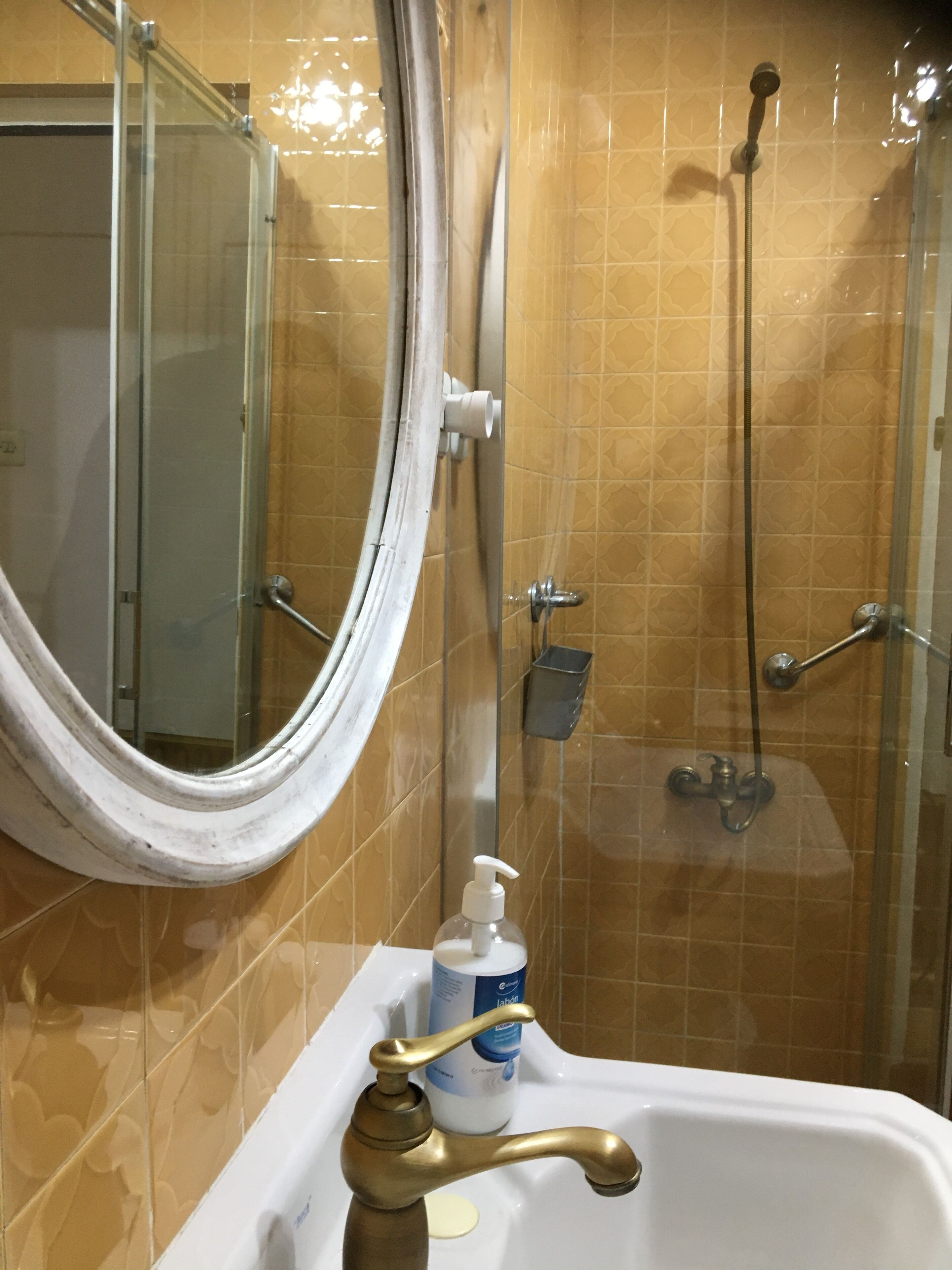 Une salle de bain avec une douche, un lavabo doté d’un robinet doré et un miroir.