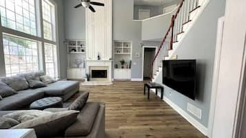Smart TV, chimenea y libros