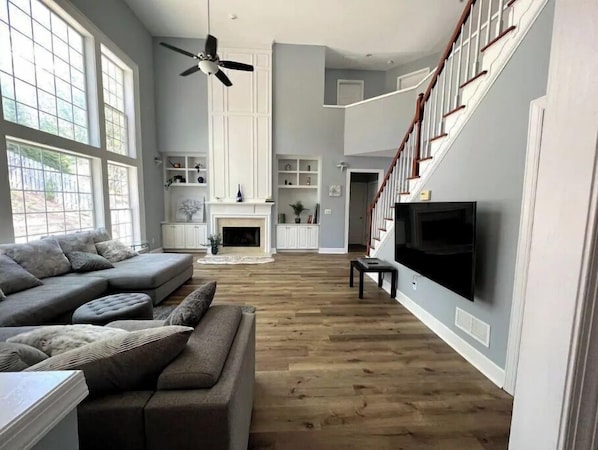 Smart TV, fireplace, books