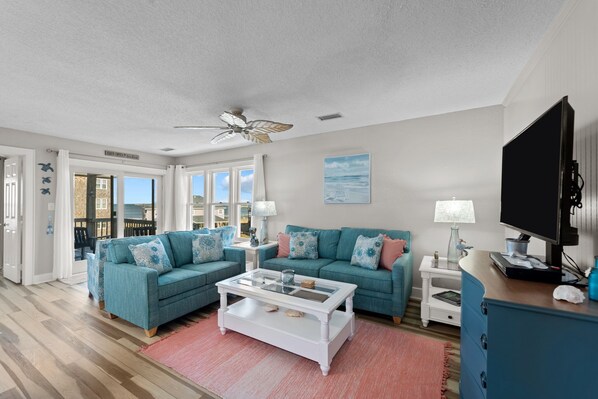 TV, DVD player, books, video library