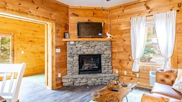 Televisión, chimenea y oficina