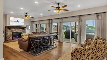 Smart TV, fireplace, video games, DVD player