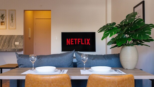 A dining area with a table set for two, a large potted plant, and a wall-mounted TV displaying "NETFLIX".