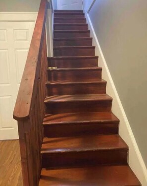 Stairs lead up to a door in a residential setting.