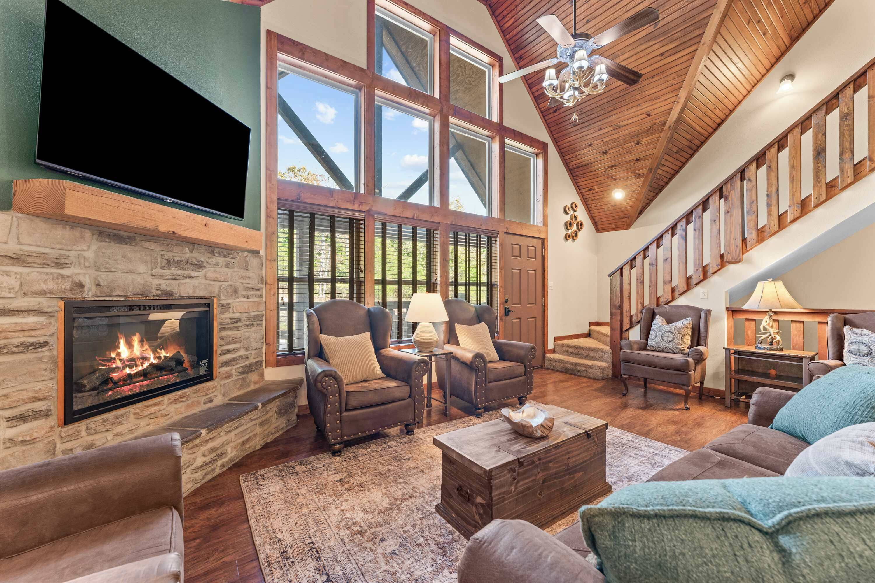 TV, fireplace, video games, offices