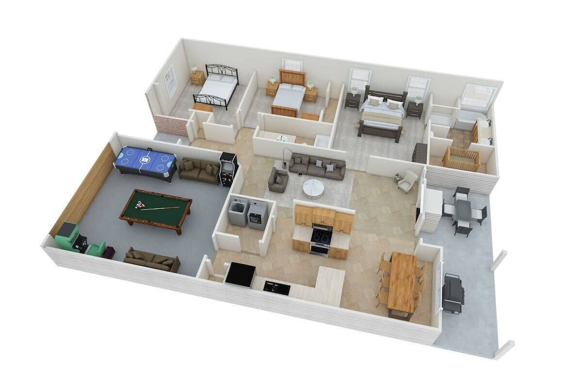 A 3D model of a hotel room layout with separate bedrooms, a living area, a dining area, and a pool table.