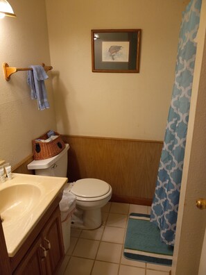 Ein Badezimmer mit Toilette, Waschbecken und einem gerahmten Bild an der Wand.