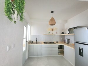 A modern kitchen with a central island, built-in appliances, and a hanging plant. - Modern Apartment on the Riviera Maya (Playa del Carmen) (Playa del Carmen)