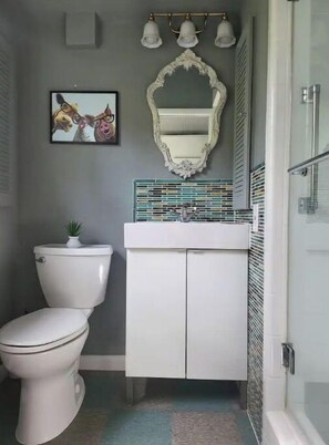 Shower, hair dryer, towels, soap