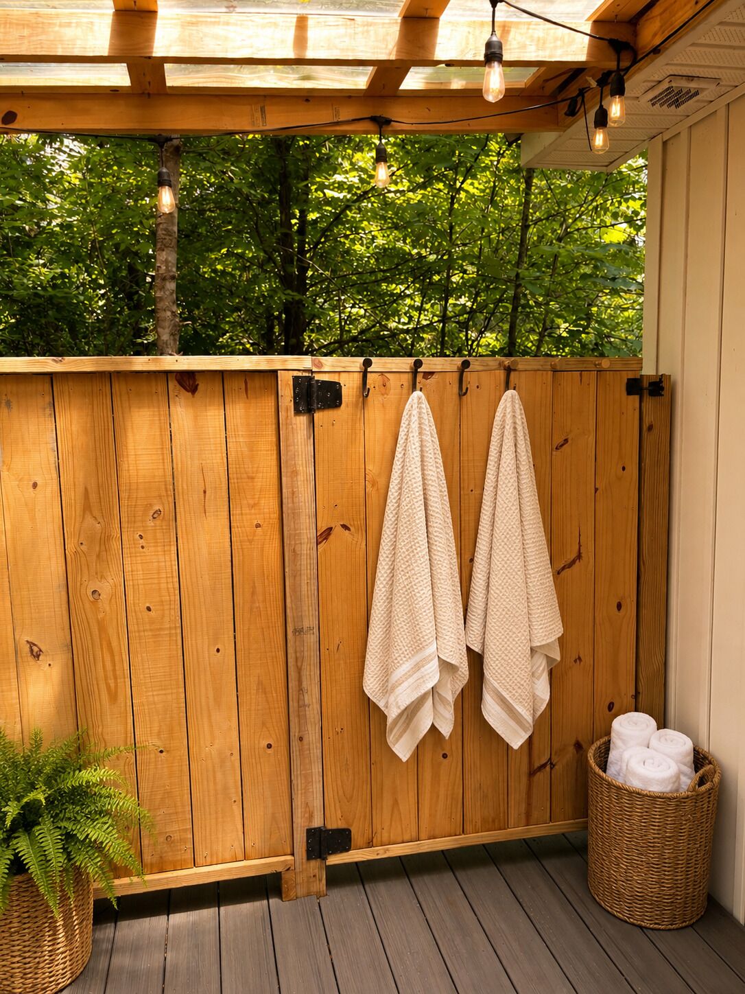 A wooden deck with a pergola overhead, two towels hanging on a rack, and a basket with rolled towels.