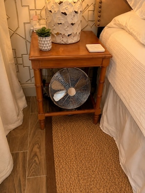 A wooden bedside table with a fan, a small potted plant, and a remote control.