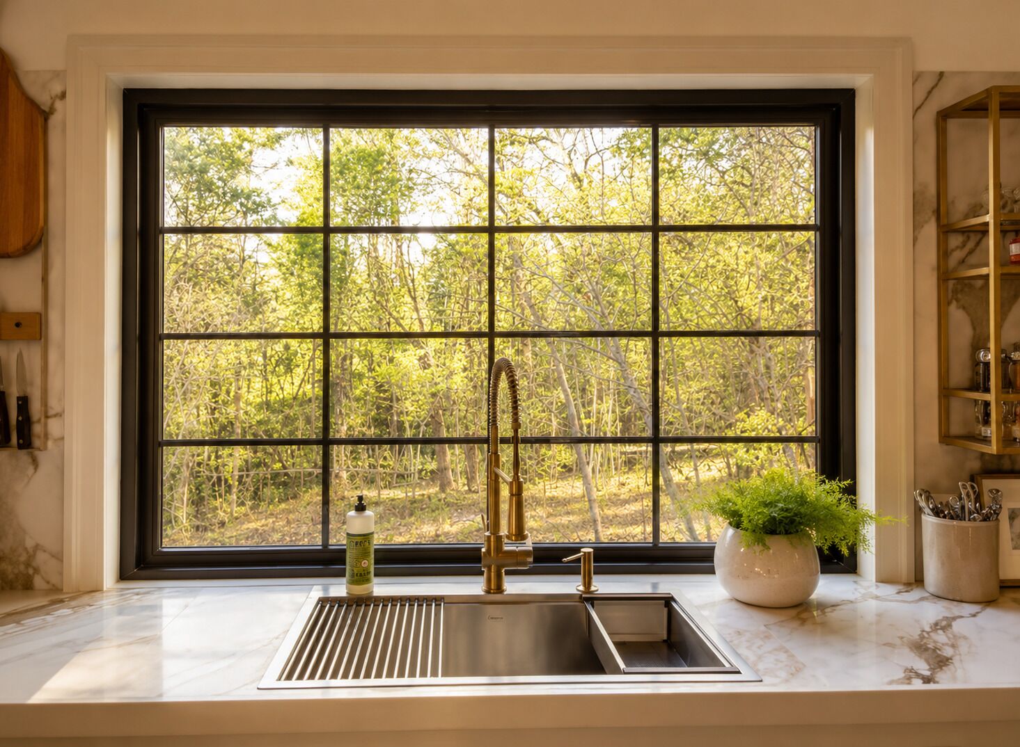 A kitchen with a large window, a sink, and a potted plant.