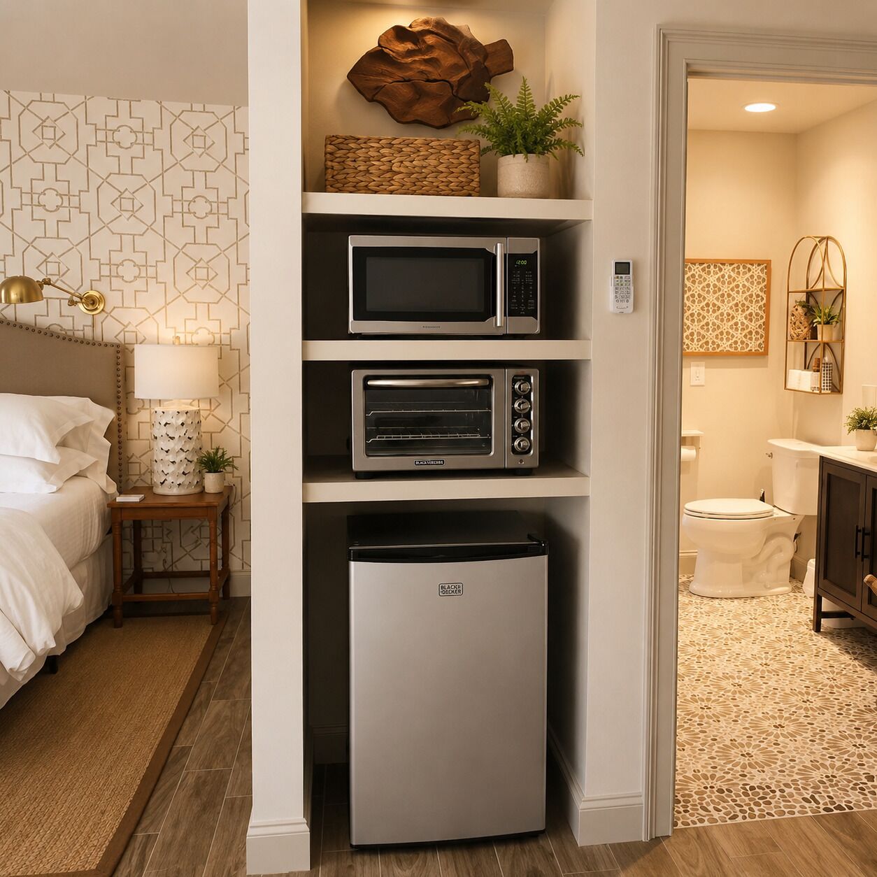 A compact kitchenette with a microwave, toaster oven, and refrigerator.