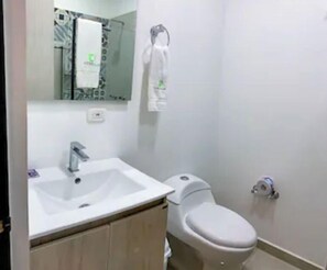 Shower, towels, soap, toilet paper